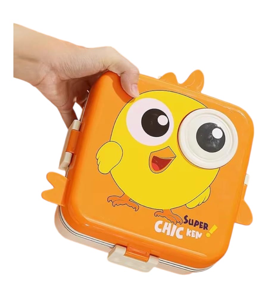 Chicken Printed 3 Compartment 1120ml+70ml Stainless Steel Lunchbox- Stainless Steel, Reusable, Leakproof & Freezer Safe